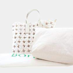 Pre Owned Bottega Veneta Beige Canvas Window Woven Satchel