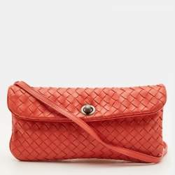 Pre Owned Bottega Veneta Intrecciato Peach Orange Leather Flap Shoulder Bag