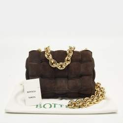 Pre Owned Bottega Veneta Cassette Chain Dark Brown Padded Suede Top Handle Bag