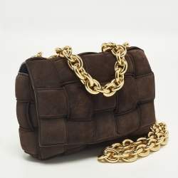 Pre Owned Bottega Veneta Cassette Chain Dark Brown Padded Suede Top Handle Bag