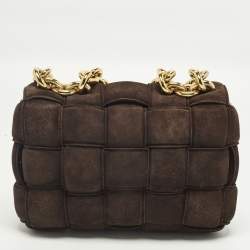 Pre Owned Bottega Veneta Cassette Chain Dark Brown Padded Suede Top Handle Bag
