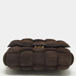 Pre Owned Bottega Veneta Cassette Chain Dark Brown Padded Suede Top Handle Bag