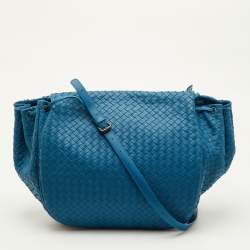 Pre Owned Bottega Veneta Tabita Drawstring Intrecciato Medium Blue Leather Flap Shoulder Bag