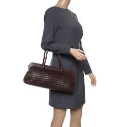 Pre Owned Bottega Veneta Brown Intrecciato Leather Frame Satchel