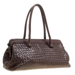 Pre Owned Bottega Veneta Brown Intrecciato Leather Frame Satchel