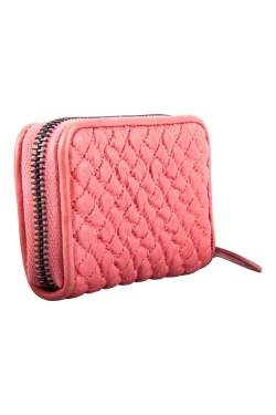 Pre Owned Bottega Veneta Coral Pink Leather Mini Zip Around Wallet