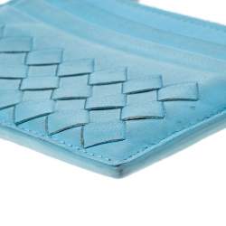 Pre Owned Bottega Veneta Light Blue Intrecciato Leather Zip Card Holder