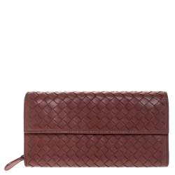 Pre Owned Bottega Veneta Maroon Intrecciato Leather Continental Flap Wallet
