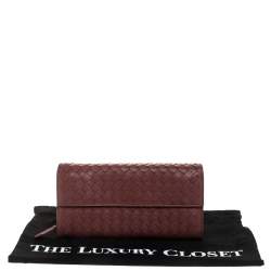 Pre Owned Bottega Veneta Maroon Intrecciato Leather Continental Flap Wallet