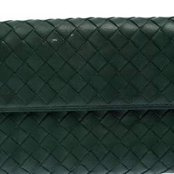 Pre Owned Bottega Veneta Green Intrecciato Leather Continental Flap Wallet