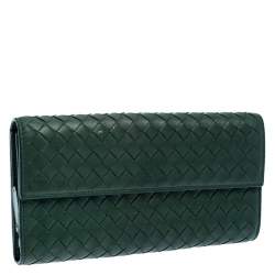 Pre Owned Bottega Veneta Green Intrecciato Leather Continental Flap Wallet