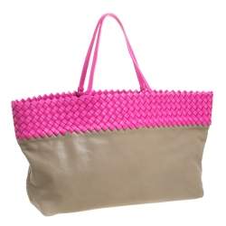 مملوكة مسبقًا Bottega Veneta Pink/Beige Top Woven Leather Shopper Tote