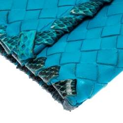 Pre Owned Bottega Veneta Blue Leather and Snakeskin Trim Flap Wallet