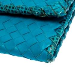 Pre Owned Bottega Veneta Blue Leather and Snakeskin Trim Flap Wallet