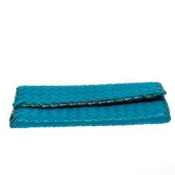 Pre Owned Bottega Veneta Blue Leather and Snakeskin Trim Flap Wallet