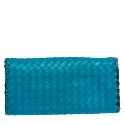 Pre Owned Bottega Veneta Blue Leather and Snakeskin Trim Flap Wallet