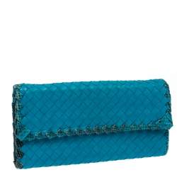 Pre Owned Bottega Veneta Blue Leather and Snakeskin Trim Flap Wallet