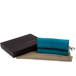 Pre Owned Bottega Veneta Blue Leather and Snakeskin Trim Flap Wallet