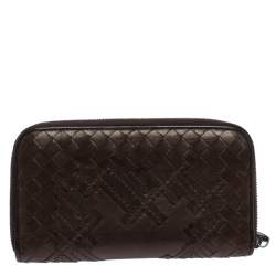 مملوكة مسبقًا Bottega Veneta Dark Brown Intrecciato Trimmed Leather Wallet