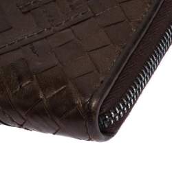 مملوكة مسبقًا Bottega Veneta Dark Brown Intrecciato Trimmed Leather Wallet