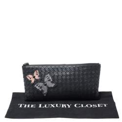 Pre Owned Bottega Veneta Black Intrecciato Leather Ayers Butterfly Clutch