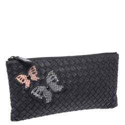 Pre Owned Bottega Veneta Black Intrecciato Leather Ayers Butterfly Clutch