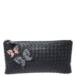 Pre Owned Bottega Veneta Black Intrecciato Leather Ayers Butterfly Clutch