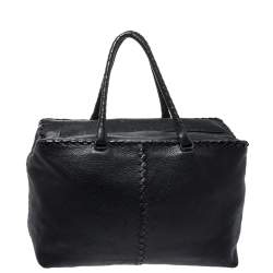 Pre Owned Bottega Veneta Black Intrecciato Trim Leather Tote