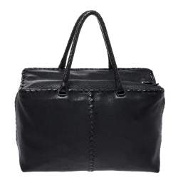Pre Owned Bottega Veneta Black Intrecciato Trim Leather Tote