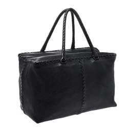 Pre Owned Bottega Veneta Black Intrecciato Trim Leather Tote