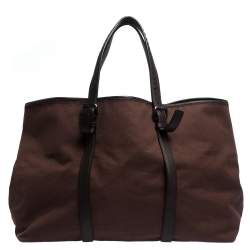 Pre Owned Bottega Veneta Dark Brown Canvas and Leather Tote