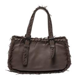 Pre Owned Bottega Veneta Taupe Intrecciato Leather Fringe Satchel