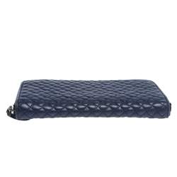Pre Owned Bottega Veneta blue Quilted Leather Zip Around Wallet