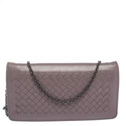 Pre Owned Bottega Veneta Pale Purple Intrecciato Leather Flap Chain Clutch