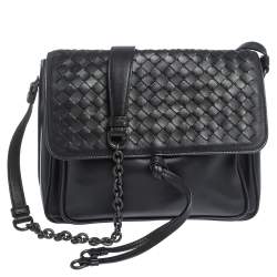 Bottega Veneta Black Intrecciato Leather Flap Shoulder Bag