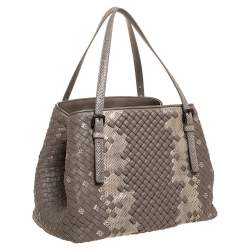 Pre Owned Bottega Veneta Beige Intrecciato Leather and Snakeskin Cesta Tote