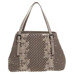 Pre Owned Bottega Veneta Beige Intrecciato Leather and Snakeskin Cesta Tote