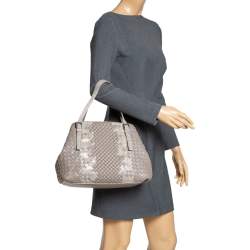 Pre Owned Bottega Veneta Beige Intrecciato Leather and Snakeskin Cesta Tote