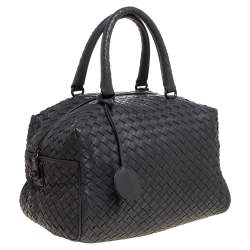 Pre Owned Bottega Veneta Dark Grey Intrecciato Leather Boston Bag