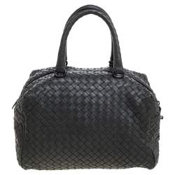 Pre Owned Bottega Veneta Dark Grey Intrecciato Leather Boston Bag