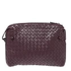 Pre Owned Bottega Veneta Burgundy Intrecciato Leather Nodini Crossbody Bag