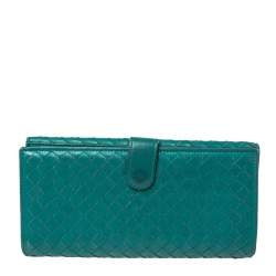 Pre Owned Bottega Veneta Green Intrecciato Leather Long Wallet