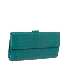 Pre Owned Bottega Veneta Green Intrecciato Leather Long Wallet
