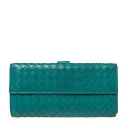 Pre Owned Bottega Veneta Green Intrecciato Leather Long Wallet