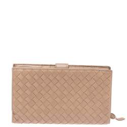 Pre Owned Bottega Veneta Beige Intrecciato Leather Bifold Continental Wallet