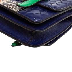 Pre Owned Bottega Veneta Multicolor Intrecciato Leather and Python Double Side Flap Baguette Bag