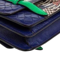 Pre Owned Bottega Veneta Multicolor Intrecciato Leather and Python Double Side Flap Baguette Bag
