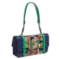 Pre Owned Bottega Veneta Multicolor Intrecciato Leather and Python Double Side Flap Baguette Bag