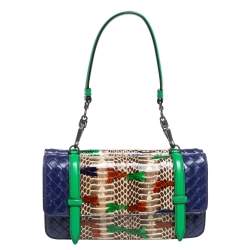 Pre Owned Bottega Veneta Multicolor Intrecciato Leather and Python Double Side Flap Baguette Bag