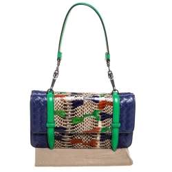 Pre Owned Bottega Veneta Multicolor Intrecciato Leather and Python Double Side Flap Baguette Bag